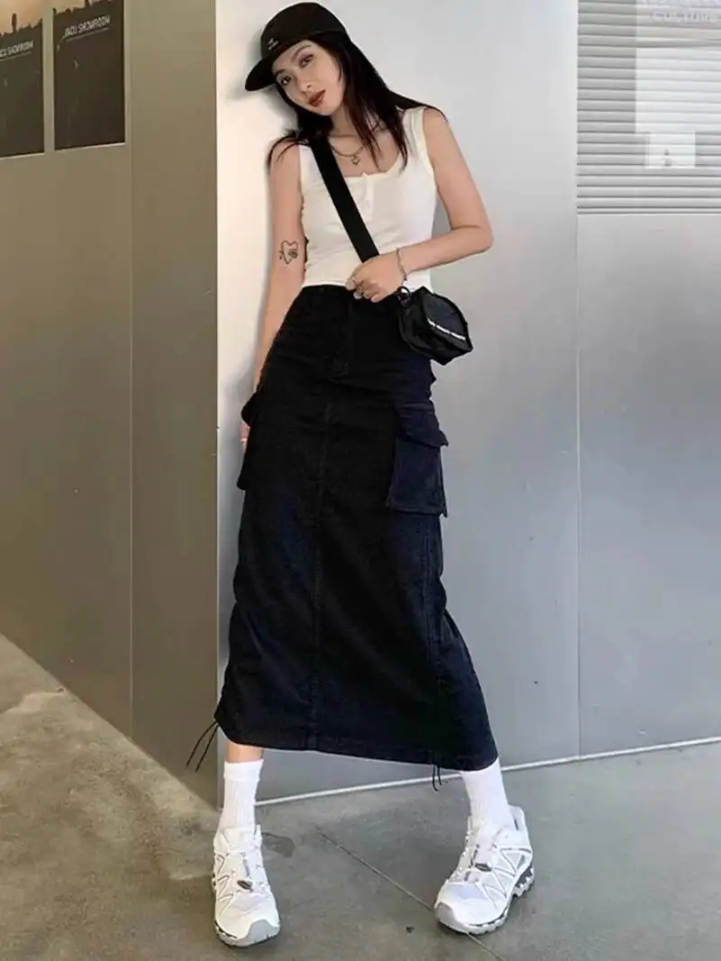 2025 Autumn Plus Size Women's High Waist Cargo Midi Skirt Street Style Split A Line with Drawstring for Hiding Hips