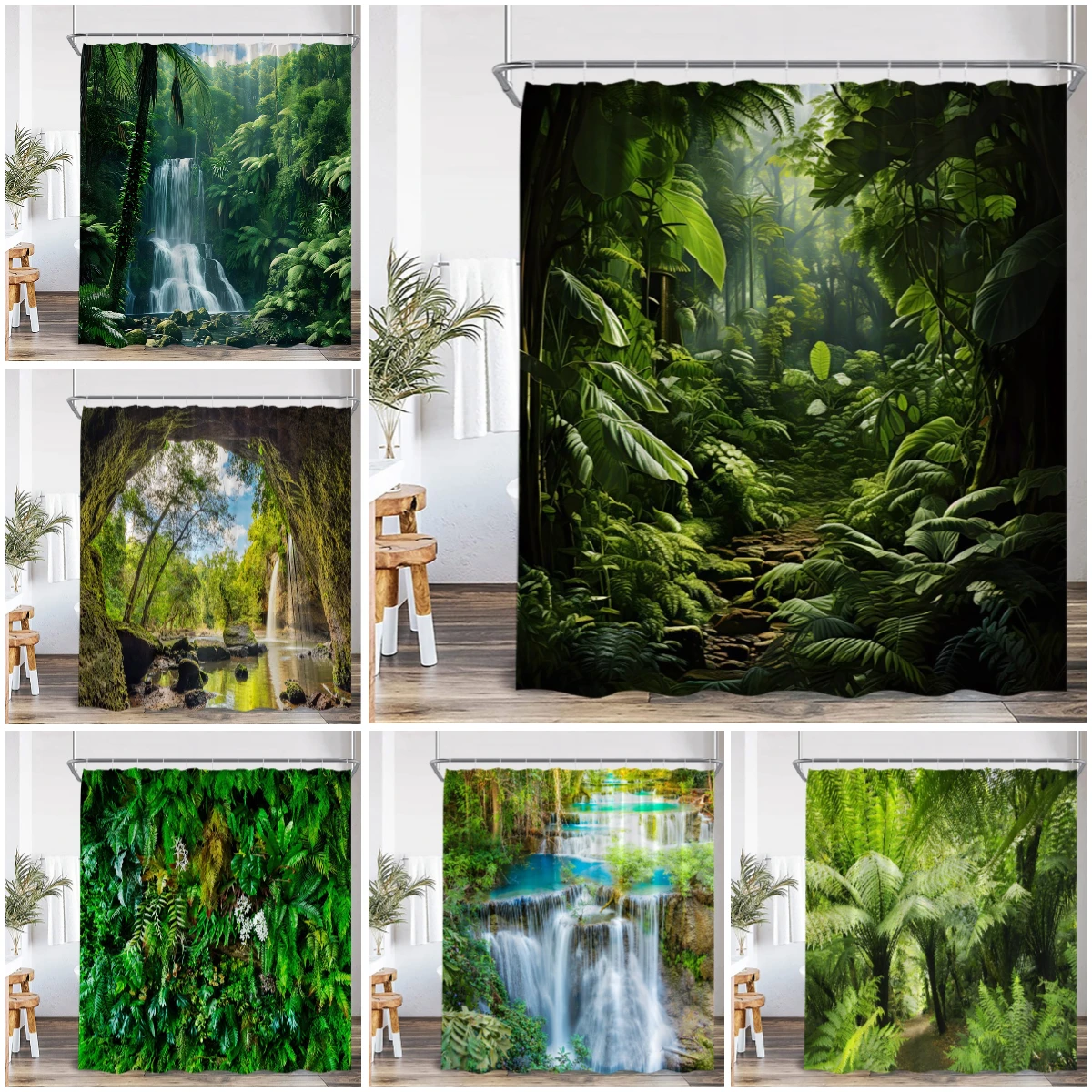 

Natural Landscape Waterfall Forest Shower Curtain Scenery Green Leaves Plants Bathroom Decor Polyester Bath Curtain for Home