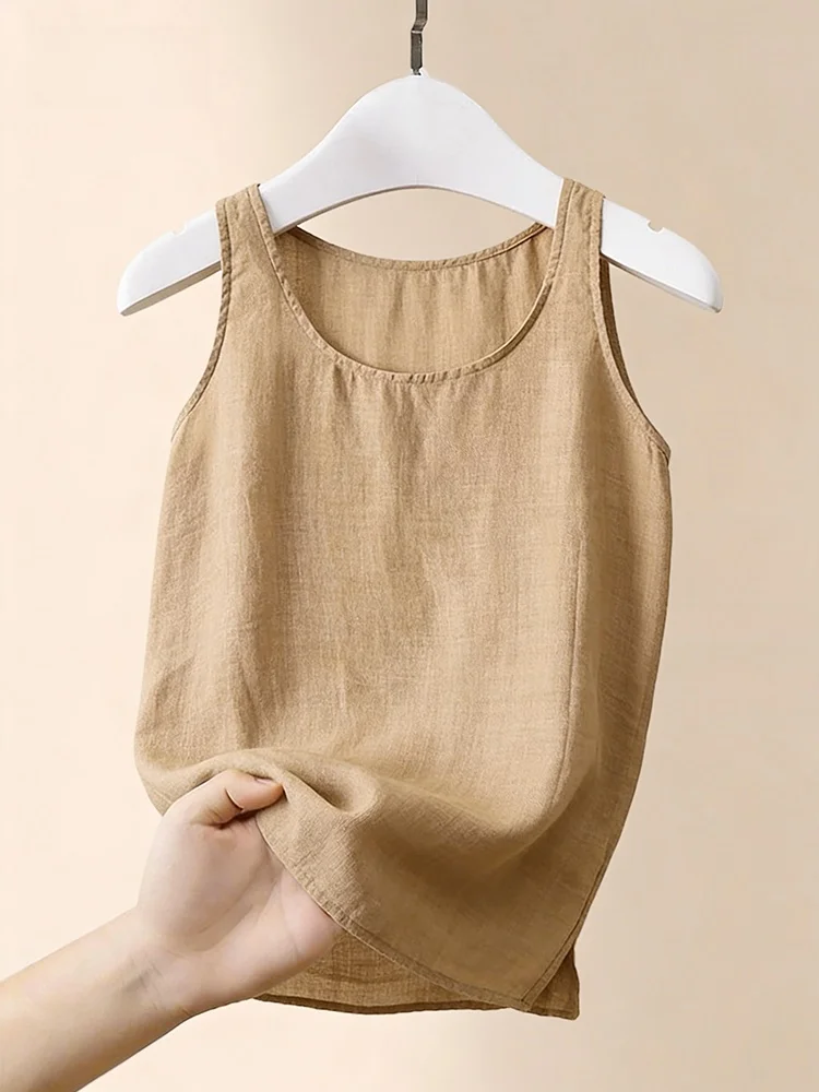 

Женский льняной топ-майка цвета хаки на бретельках, лето 2026, повседневный, с круглым вырезом, из хлопка и льна, для ношения под одеждой, скрывающий живот