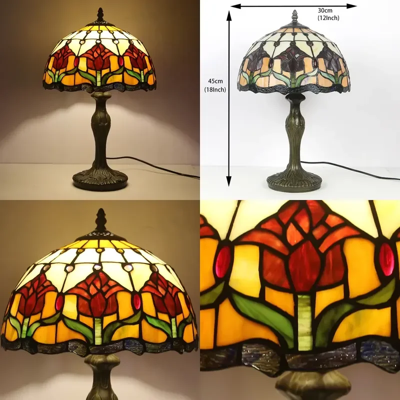 LongHuiJing Tulip Flower for Style Stained Glass LED Eco-Friendly Table Lamp Night Light 12-Inch Lampshade Metal Base Living