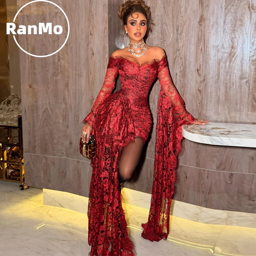 

Ranmo 2026 Sexy Red Lace Short Prom Dresses Off Shoulder Mini Dress Cap Long Sleeves Pleat فساتين سهرات Customized
