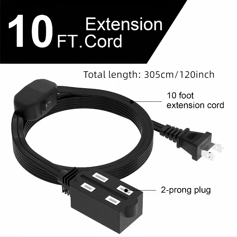 10FT Outdoor Extension Cord Heavy Duty Power Cable with On/Off Switch, 2 Prong Polarized Plug 3 AC Outlets Socket 16AWG Indoor