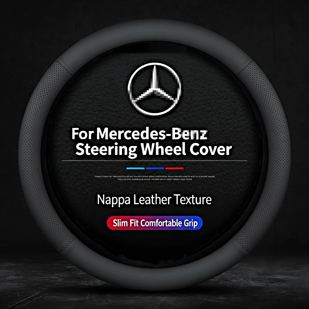New For Mercedes-Benz,ABCES-Class,GLC,GLE,GLS,Etc.Leather Steering Wheel Cover 38cm15inch Anti-Slip All Season Car Accessory