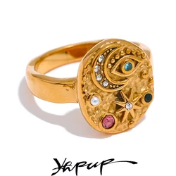 Yhpup Stainless Steel Star Moon Eye Charms Ring Colorful CZ Zirconia 18K Gold Color High Quality Celestial Jewelry Women Gala