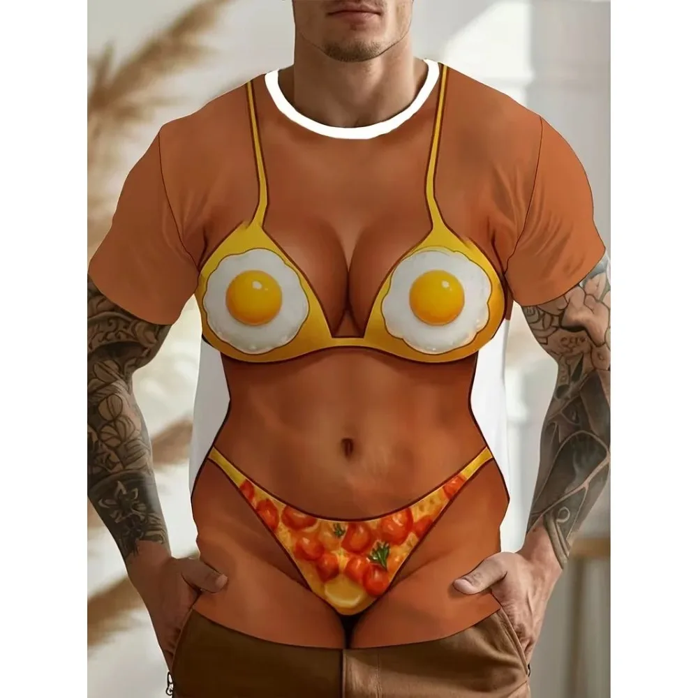 Funny Fried Egg Pizza Bikini Print Men T Shirt Novelty 3D Visual Illusion Short Sleeve Casual Tee