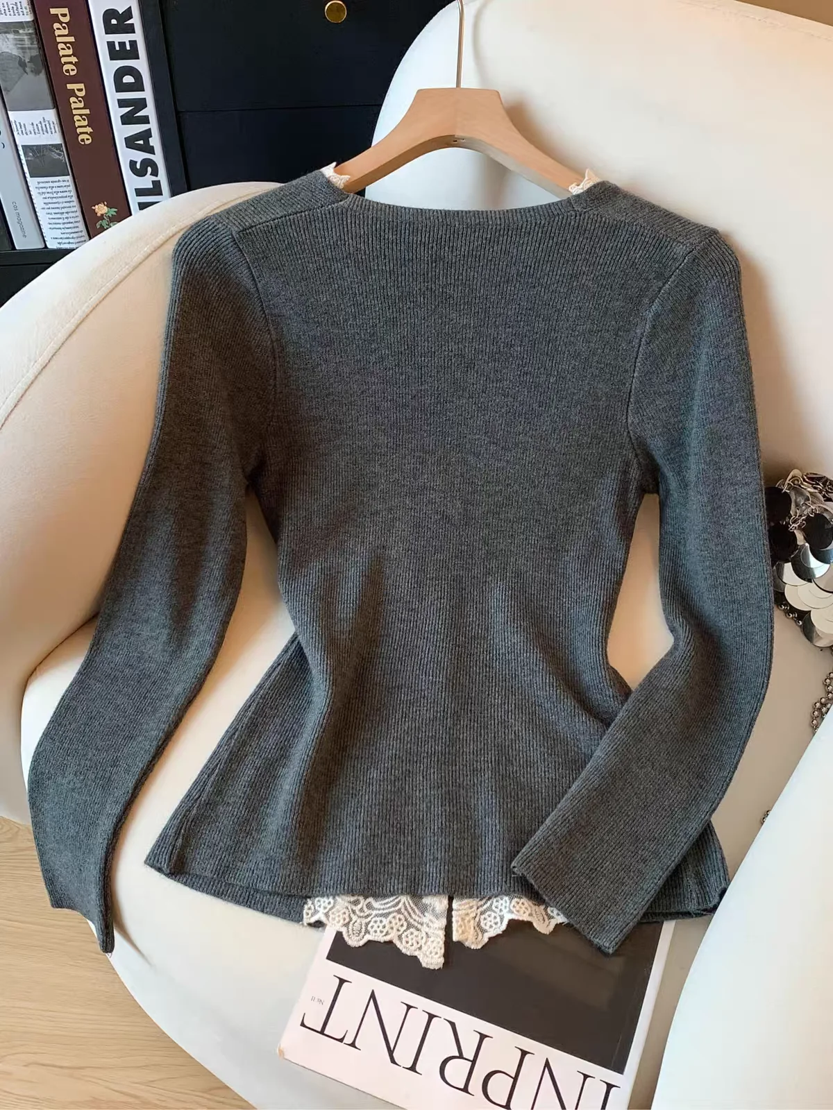 Women's Retro Lace Splicing V-Neck Long Sleeve Knit Cardigan, Fall Fake 2-Piece Vintage Sweater Coat, Cozy Open Front