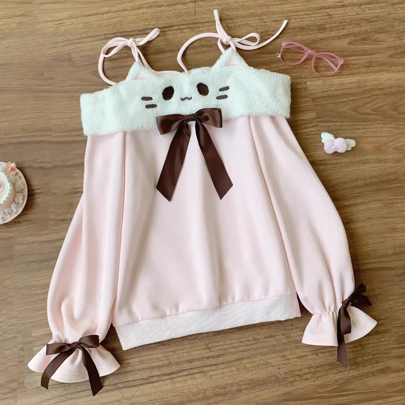 

Японский Y2k эстетический женский бант в стиле пэчворк Kawaii милый свитшот свободный гранж с разрезом на шее бандажные топы повседневная одежда