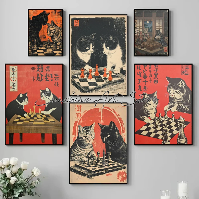 Cats Playing Chess Vintage Style Cat Art Retro Comic Cats Chess Abstract Poster Canvas Painting Wall Pictures Home Decor Gifts
