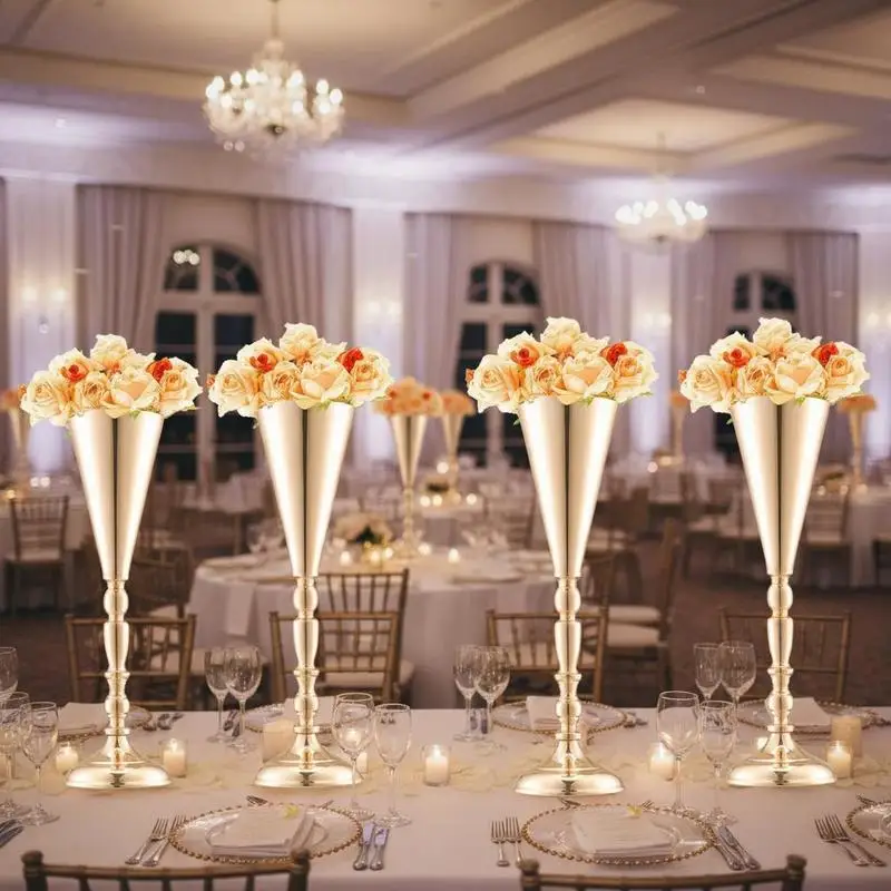 Free Shipping-10PCS 16.9" Floral Urn For Wedding Banquet, Dinner Party, Ceremony Event, Metal Trumpet Centerpiece Gold Decorative Pedestal Table Ornament Rack