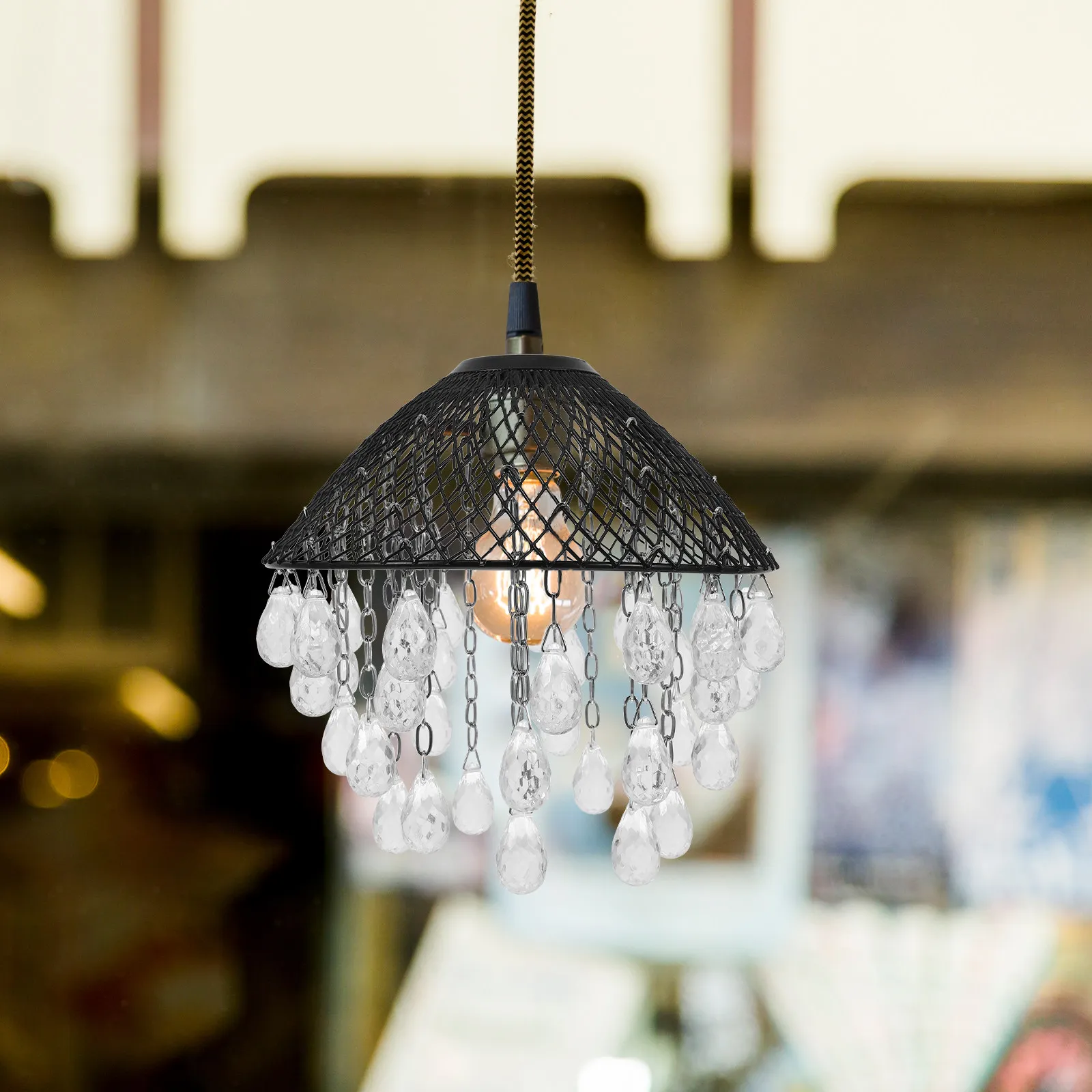 Vintage Iron Pendant Lamp Shade with Hollow-Out Design Crystal Acrylic Water Drop Pendants for Ceiling Living Room Dining