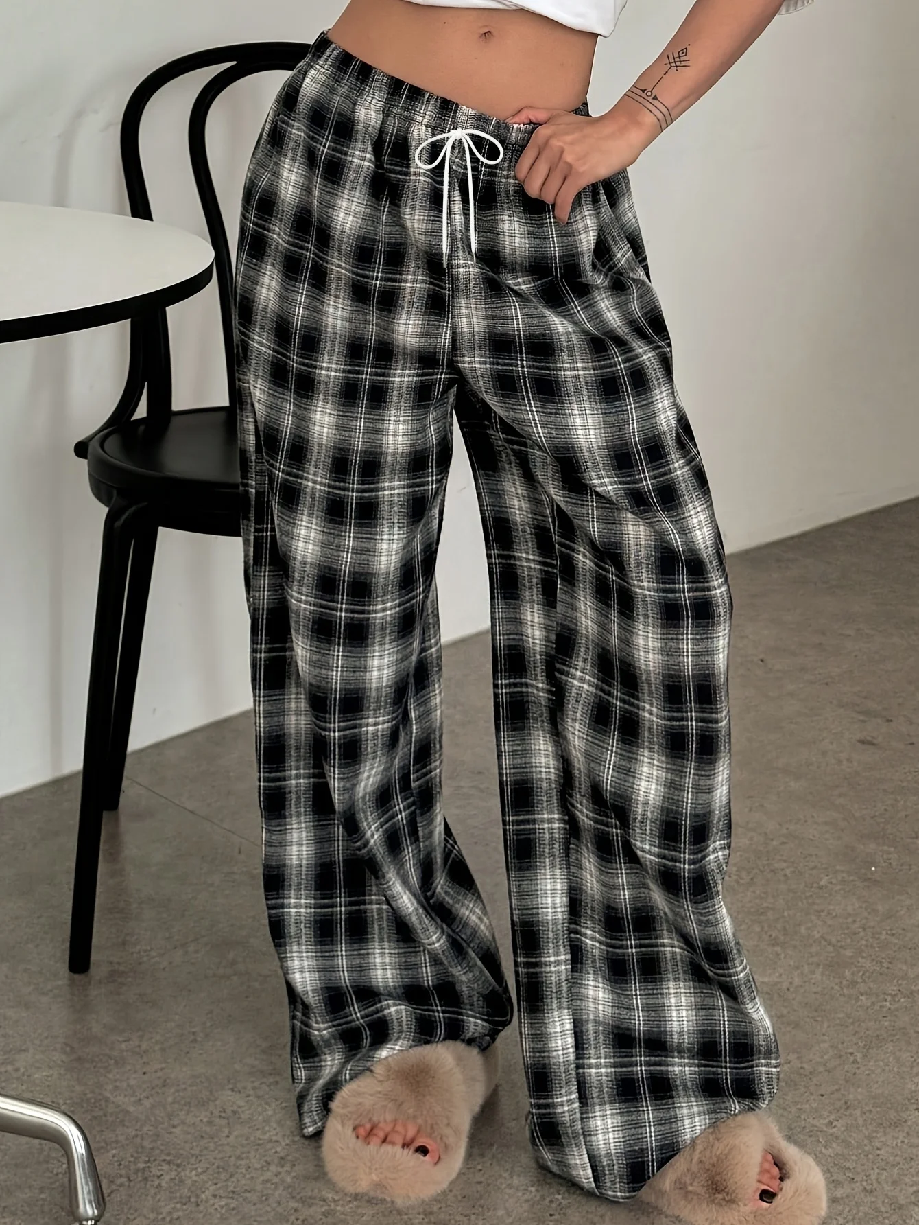 Black Plaid Patchwork Wide Leg Pants Women's American Vintage Y2K 2000s Style High Waisted Hip Hop Breathable Sweatpants Kids
