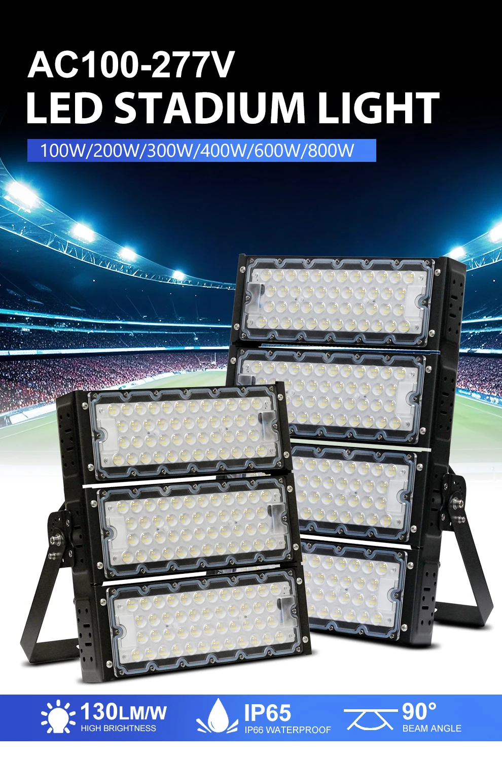 Stadion-LED-Flutlicht AC100-277V 100W 200W 300W 400W 600W 800W 6500K 130M/W SMD2835 für Tunnel- und Verkehrsflächenbeleuchtung – Detail 1
