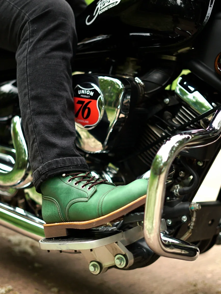 Goodyear-Welted Vintage Genuine Leather Ankle Motorcycle Boots Top Quality Round Toe Men Casual Dress Work Green Boots