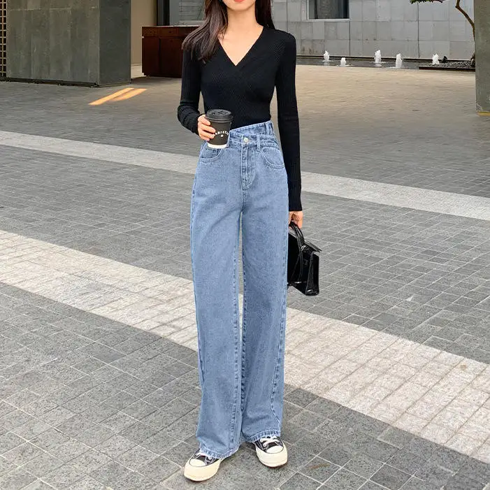 

Корейские широкие джинсы для женщин: новые, свободные, повседневные, прямого кроя, с высокой талией, длинные брюки, осенняя мода