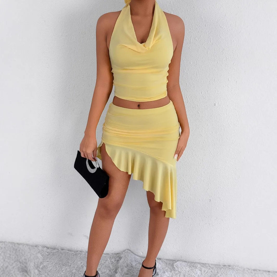 

Spring New Women's Fashion Dress Sexy Neck Two-piece Set Hem Irregular Hip Skirt Women