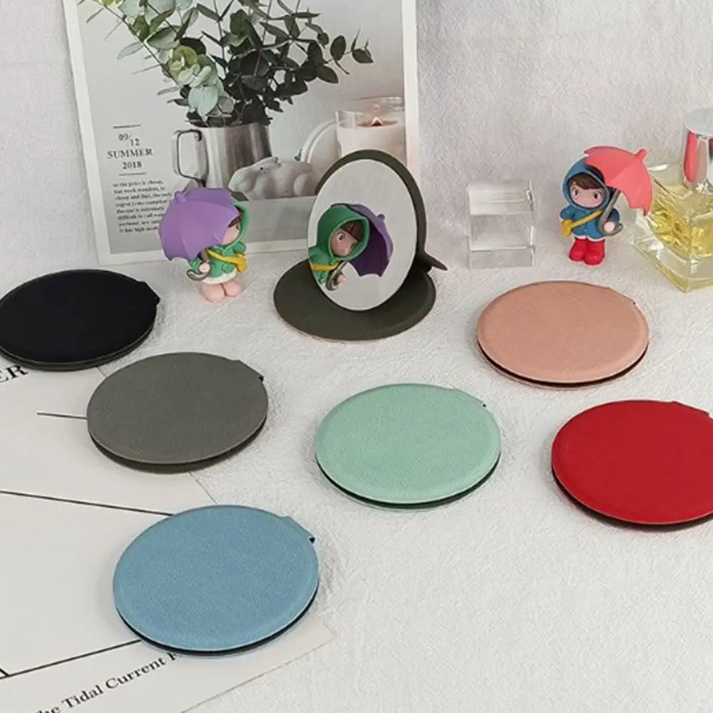 Pu Leather PU Desktop Stand Mirror Delicate Solid Color Circular Folding Makeup Mirror Easy To Carry Round