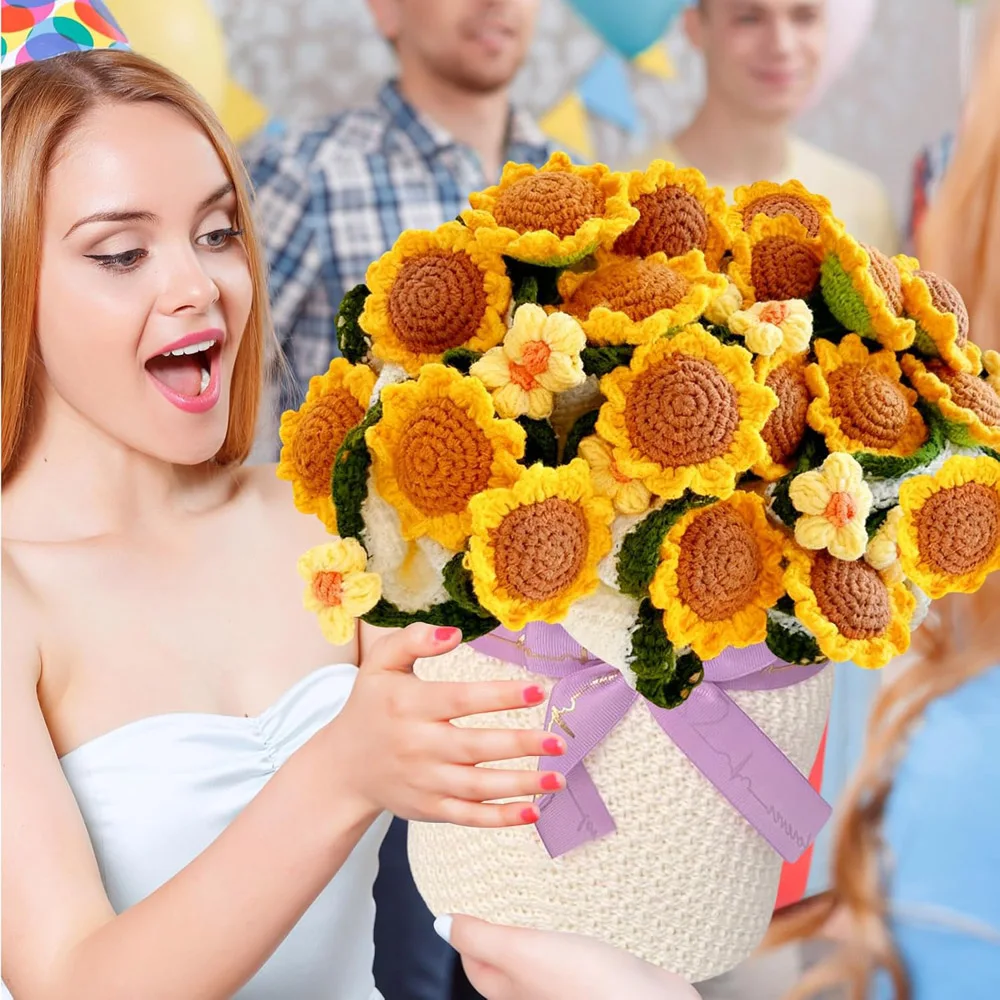 New Crochet Sunflower Bouquet Blanket, Handmade Flower Blankets, Round Floral Knitted Gifts for Mother's Day, Grandma Birthday