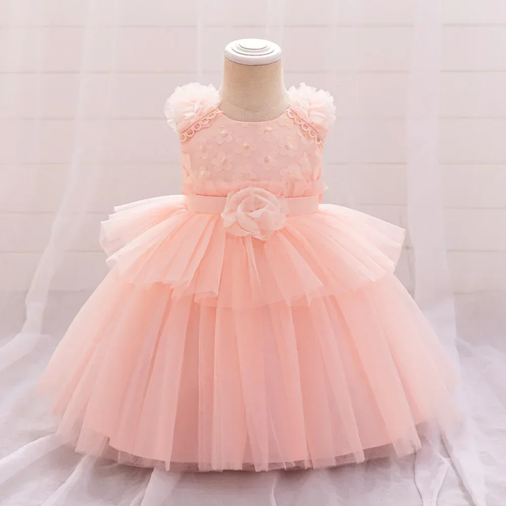 

Tulle Flower Girls Princess Dress Pink Bow Summer Clothes Baby 1st Birthday Party Dresses For Girl Wedding Bridesmaid Gown 0-3Y