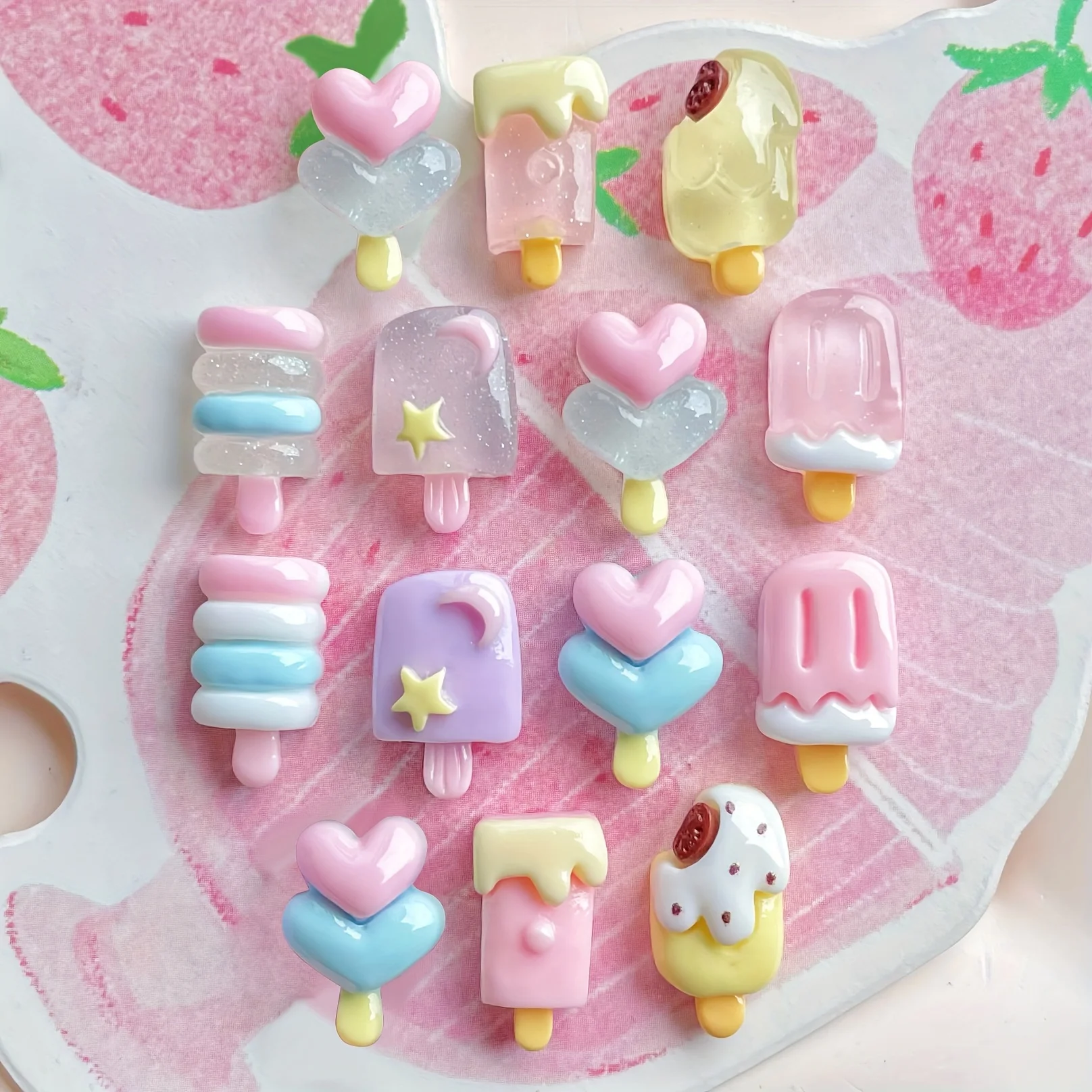 12Pcs Transparent Ice Layered Resin Beads Heart Star Strawberry DIY Jewelry Nail Hair Clip Craft Party Decor Accessory