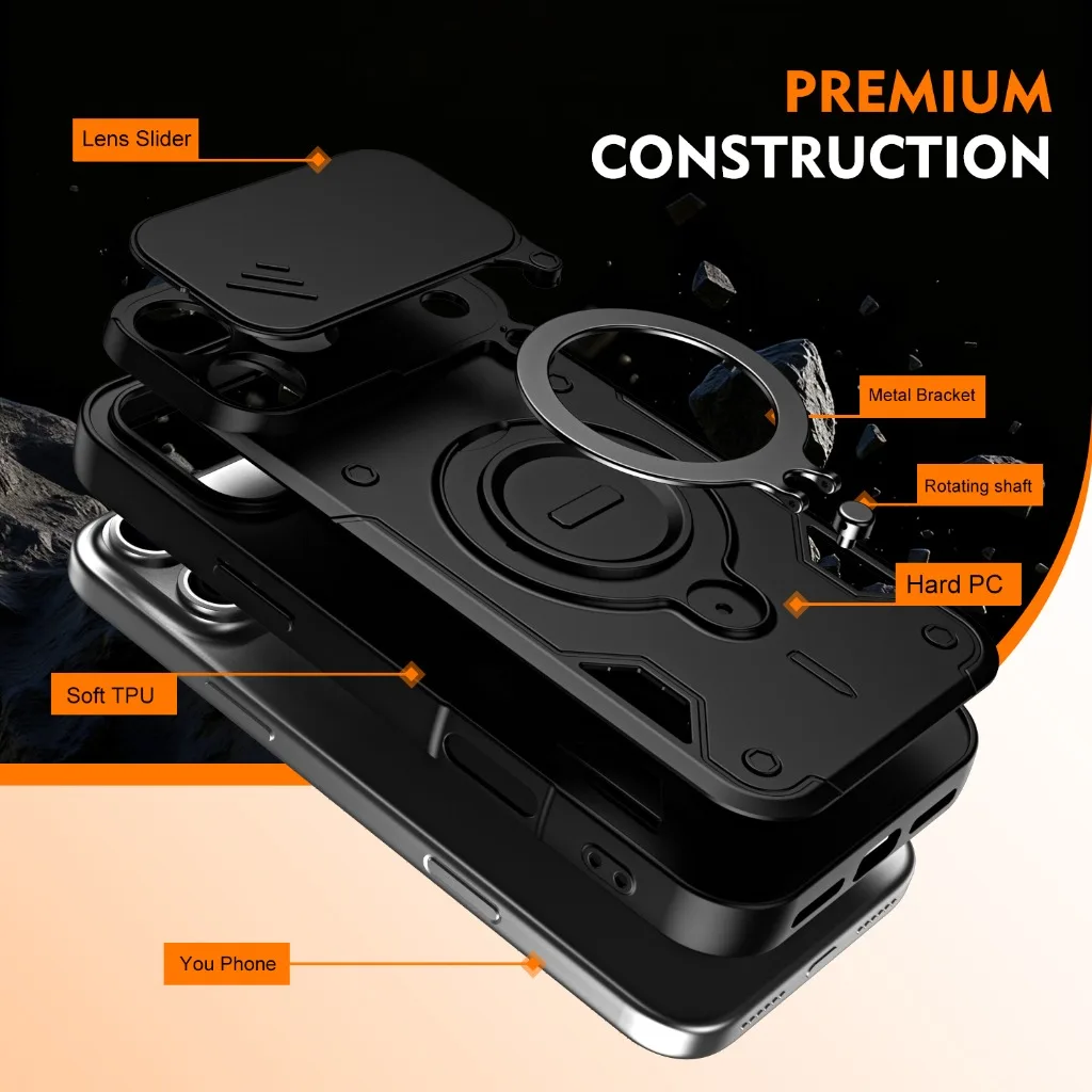 Armor Shockproof Phone Case w/ Slide Camera Cover 360° Rotatable Ring Holder Kickstand For iPhone 16 17 Pro Max Protective Cover - view 3