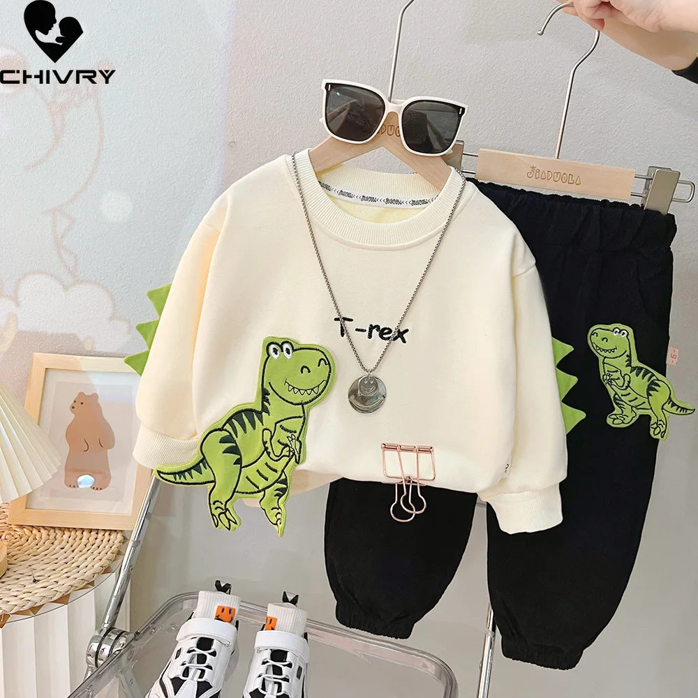 

New 2023 Kids Baby Spring Autumn Fashion Cartoon Dinosaur Letter Pullover Sweatshirt Tops with Pants Boys Casual Clothing Sets