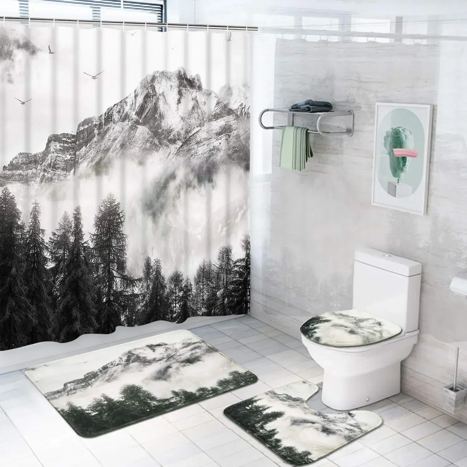 Smoky Mountain Forest Shower Curtain Set with Non-Slip Rug Toilet Lid Cover Bath Mat Foggy National Park Waterproof Bathroom