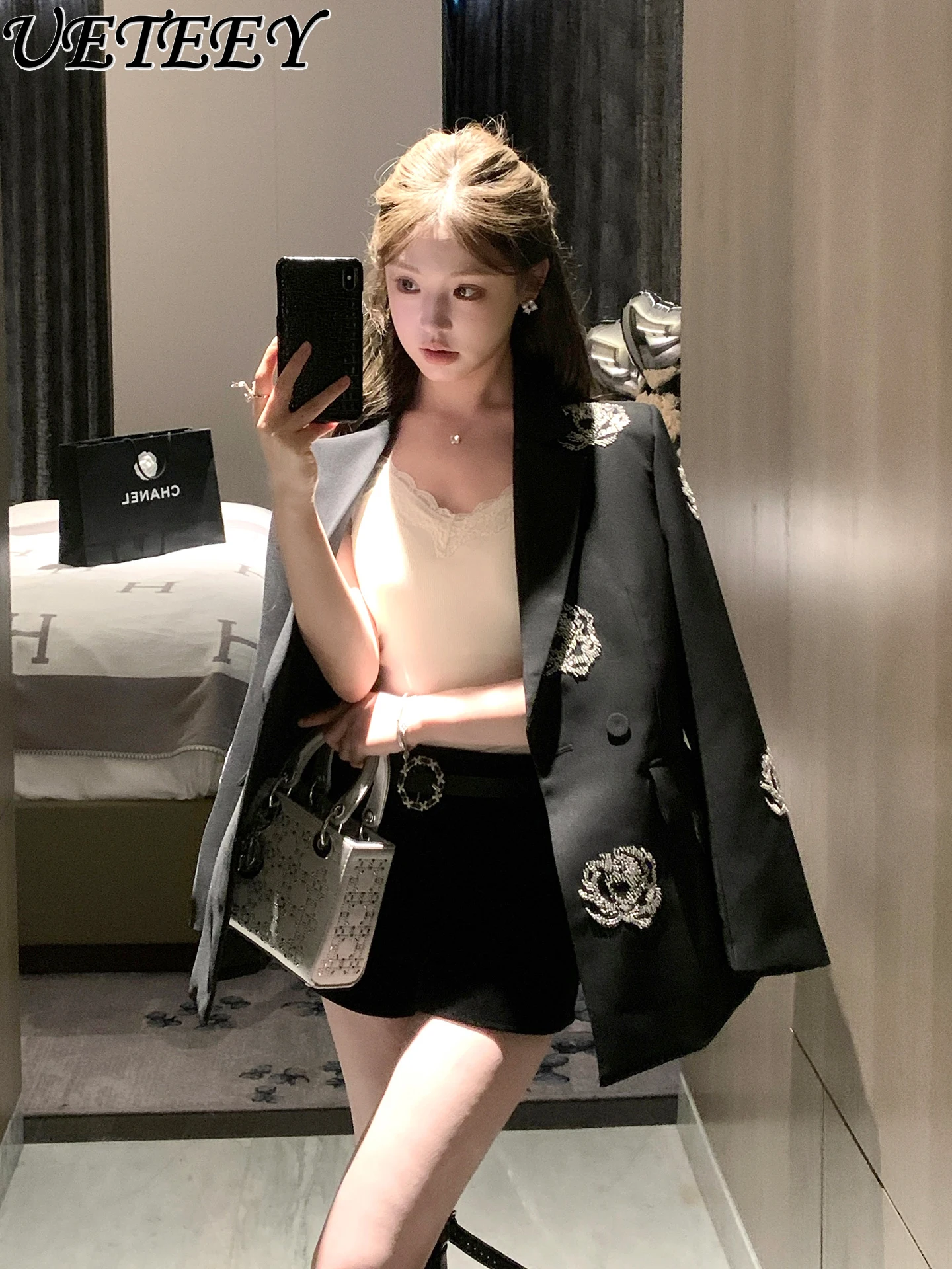

French Style Black White Casual Elegant OL Rhinestone Blazer Coat for Women Autumn Heavy Craft Rose Sequin Loose Suit Jacket