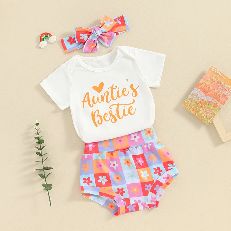 Newborn Baby Girl Clothes Auntie s Bestie Romper  Floral Shorts Headband Set 3Pcs Summer Outfits