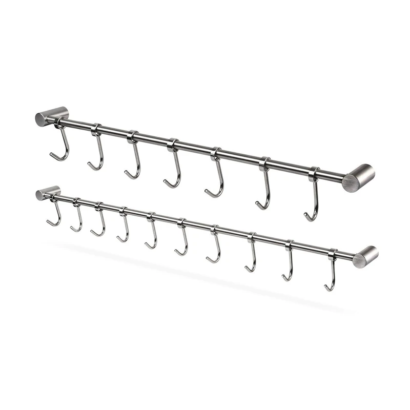 

2 Set Kitchen Rail Rack Wall Mounted Utensil Hanging Rack Stainless Steel Hanger Hooks For Kitchen Tools Pot Towel 7 Sliding Hoo