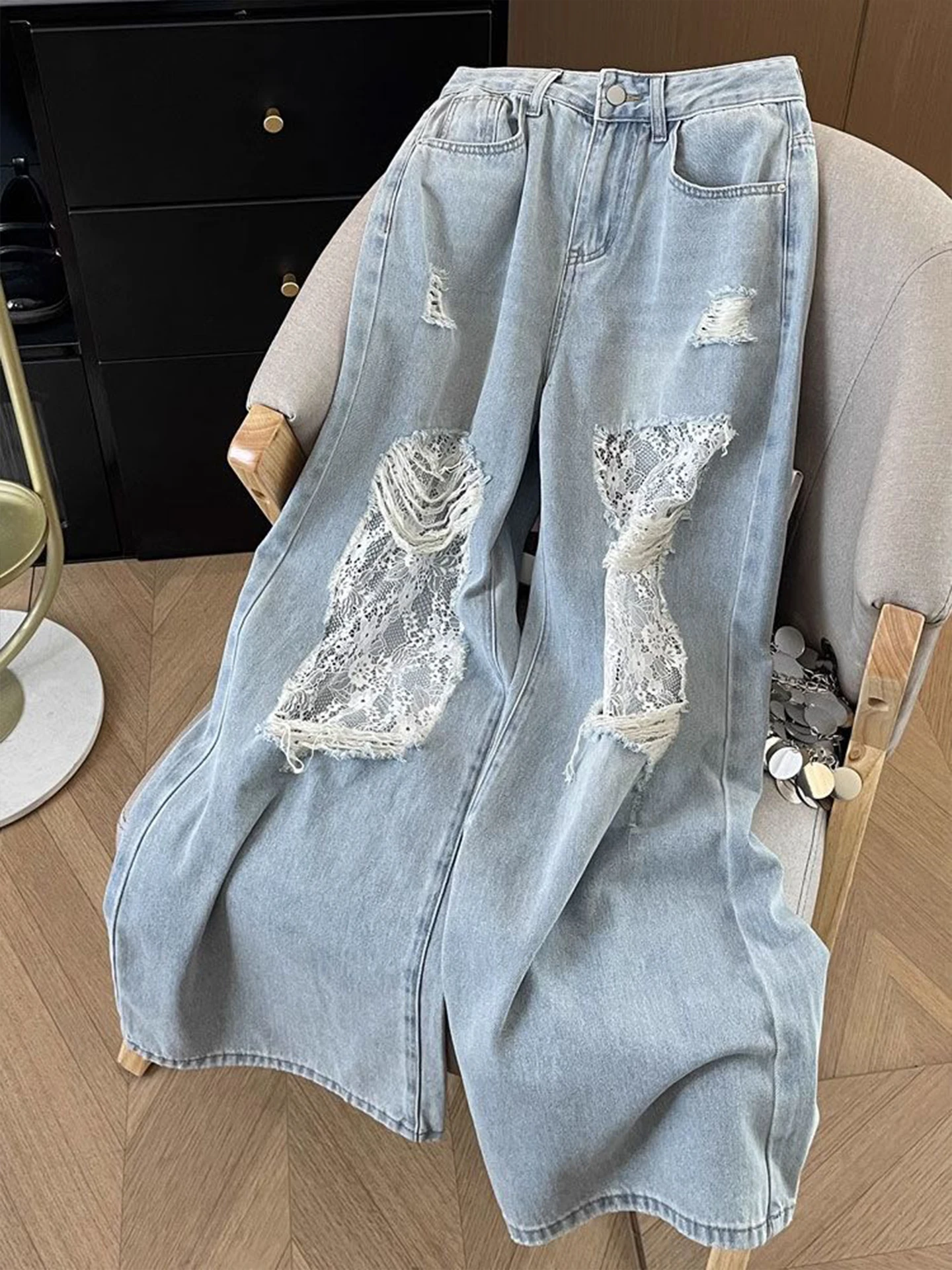 

Summer Lace Splice Hole Denim Pants Women Loose plus Size Pear ape Wide Leg Jeans High Waist Long Pants Casual Sle