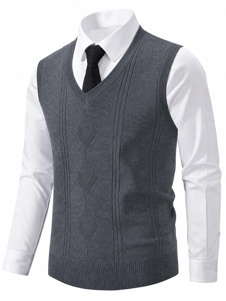 US-Größe Herren V-Ausschnitt Pullover-Weste Einfarbig Business Casual Kleidung Pullover-Westen – Detail 2
