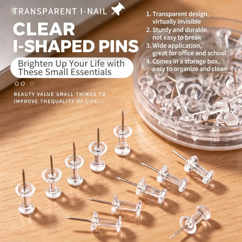 Clear I-shaped Push Pins Transparent Thumbtacks for Cork Board Photo Wall Decor Nails Reusable Fasteners To Fix Pictures Canvas