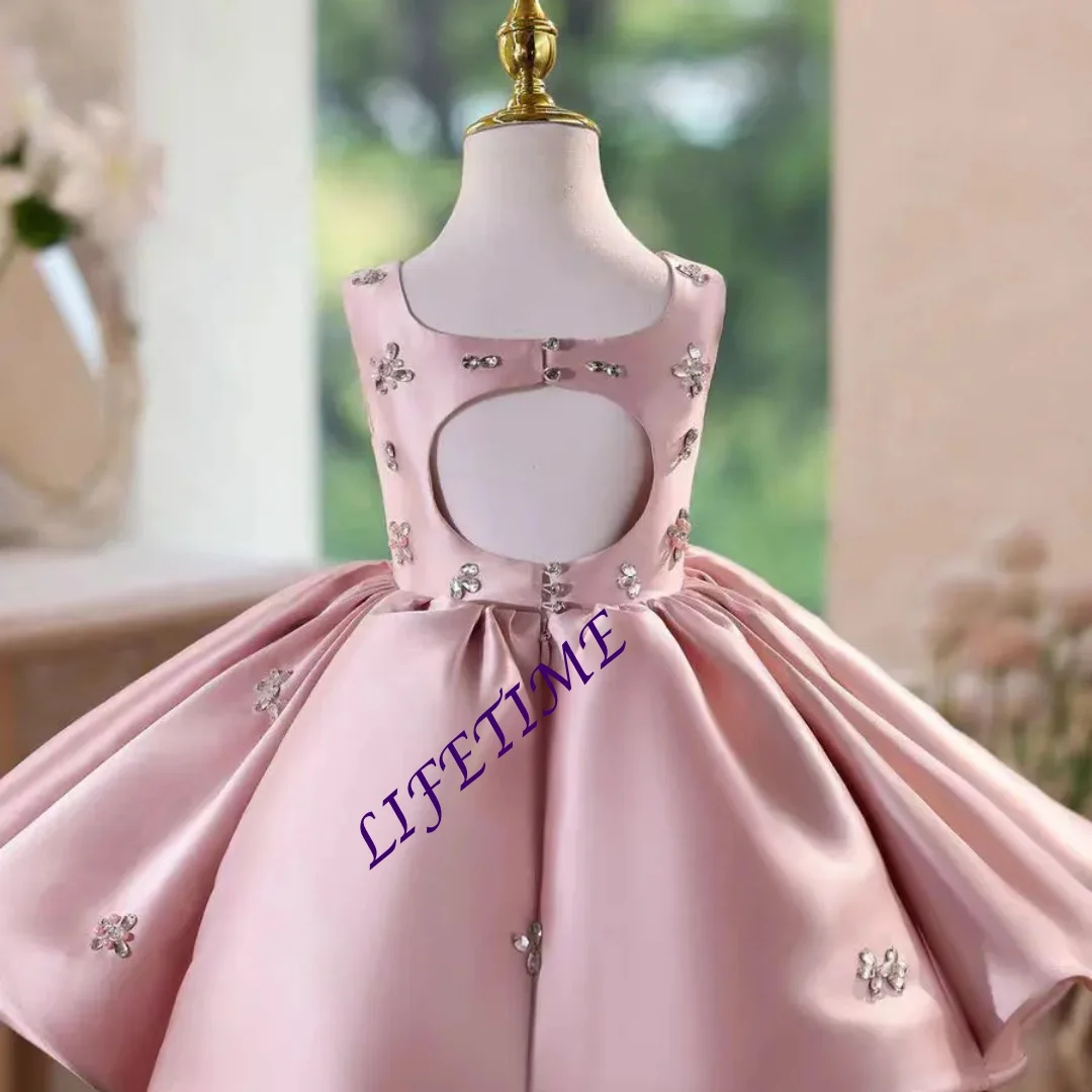 

CustomizedPink Flower Girl Dress Beads Crystal Knee Length Princess Kid Wedding Birthday Holiday Party Pageant Formal Gown