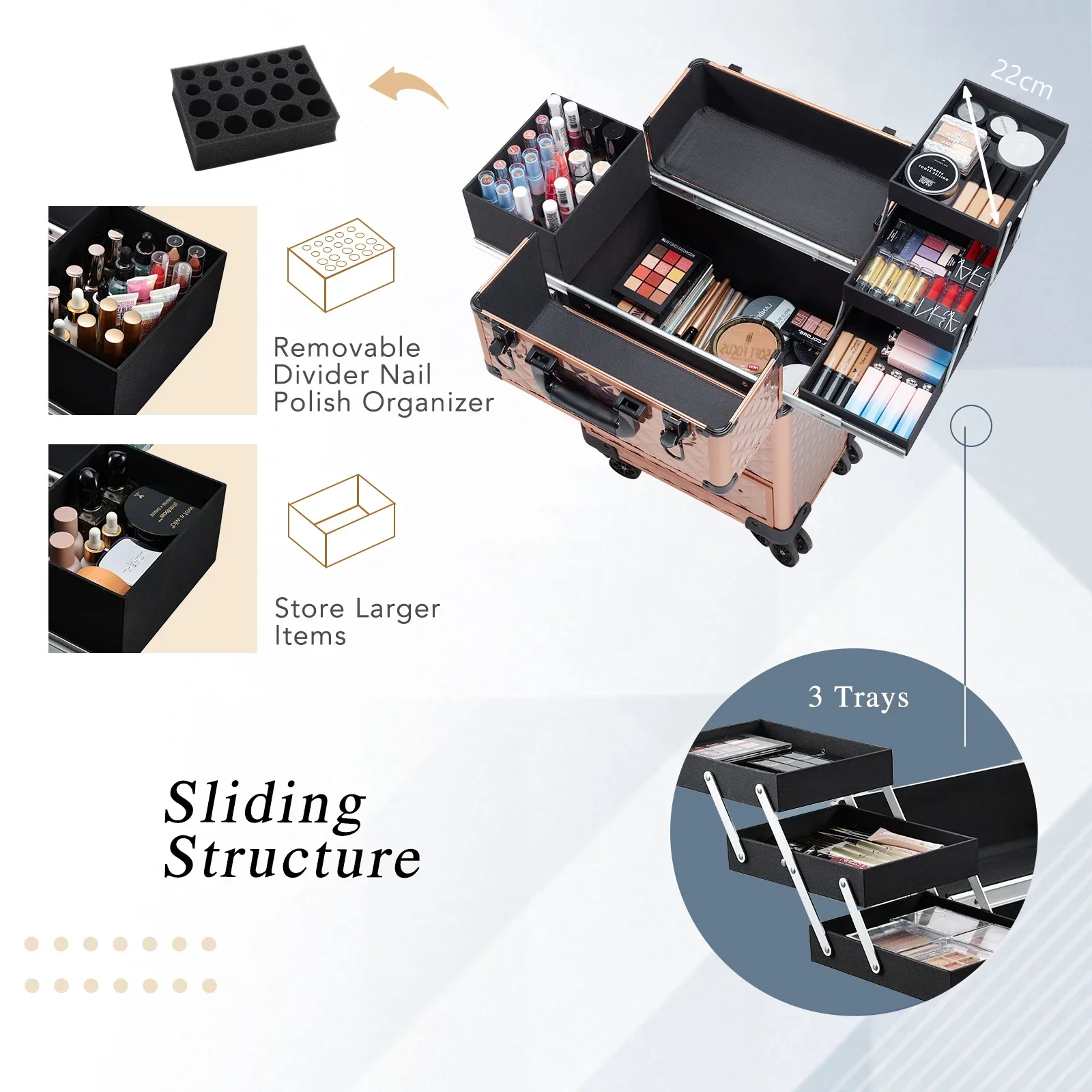 Professionele Make-Up Koffer Met Wielen Grote Opslag Cosmetische Trolley Met Schuiflade Lock Rolling Make-Up Case Nail Tech