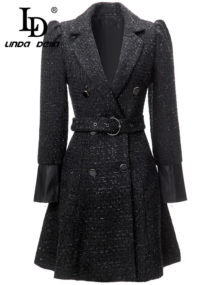 

LD LINDA DELLA Autumn and winter New Style Fashion Designer Coat Women's Black Double-breasted Belt Splice Sheepskin Coat