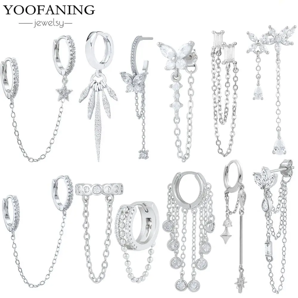 

YOOFANING 925 Sterling Silver Needle Exquisite Silver Zircon Chain Tassel Design Fashionable Women's Wedding Jewelry Party Gift