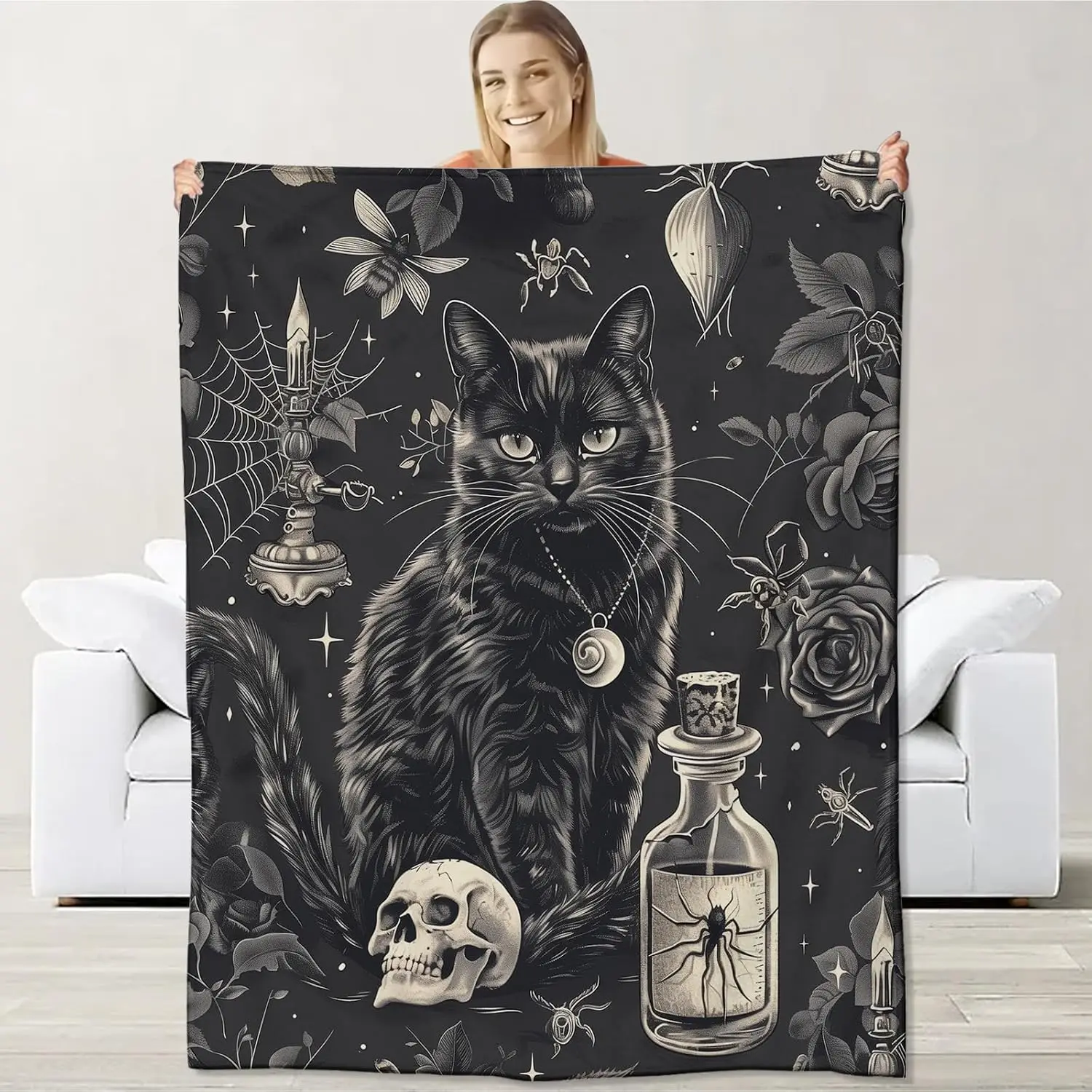 

Goth Skull Throw Blanket Soft Cozy Flannel Skeleton Halloween Black Cat Decor for Couch Bed Living Room x Inches