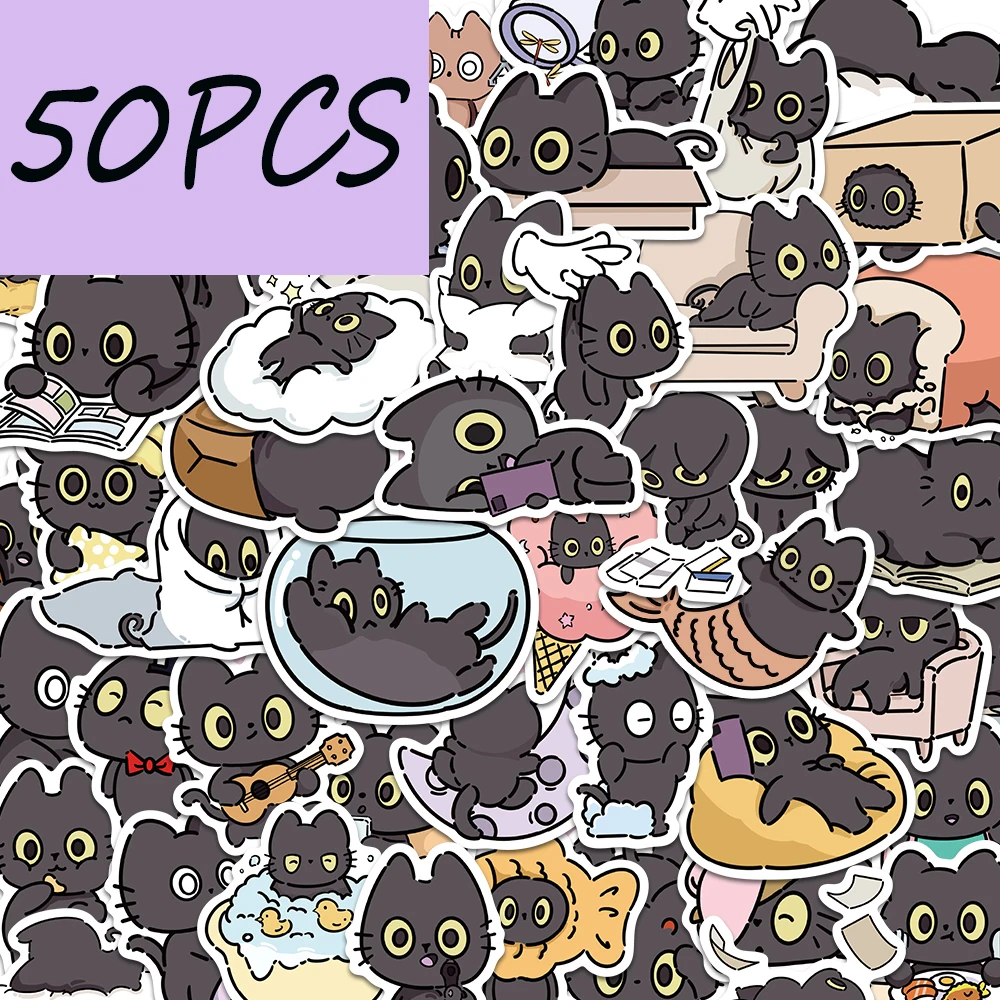 

50PCS mischievous little black cat stickers, suitable for decorating helmets, hand books, refrigerators, waterproof stickers