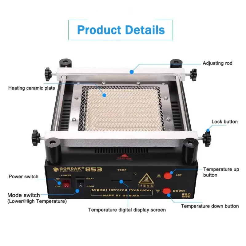 Gordak 853 ESD-Safe PCB Preheater Station - Precision BGA Rework Tool with LED Display for Phone Repair