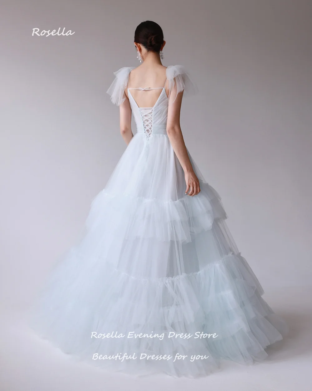 ROSELLA Fairy Sky Blue Spaghetti Straps Prom Dresses Tulle Tiered Floor Length 3D Flowers Garden Formal Party Ball Gown Korean