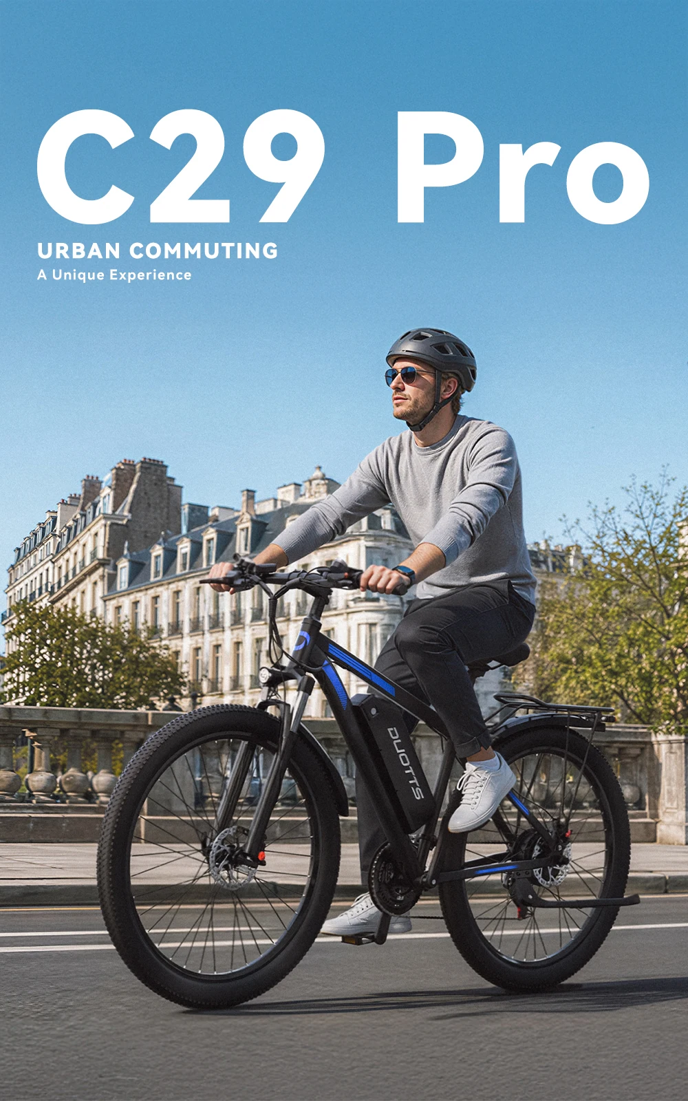 Bicicleta eléctrica DUOTTS C29 PRO 48V15Ah, neumáticos de 29 pulgadas, pantalla HD de 2,4 pulgadas, motor de 250W, sistema de frenos