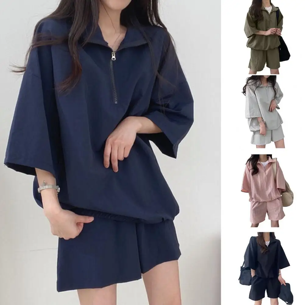 Women Two-piece Outfit Women's Oversized Tracksuit Set with Zipper Neck Pockets Loose Solid Color Top Shorts Casual Female