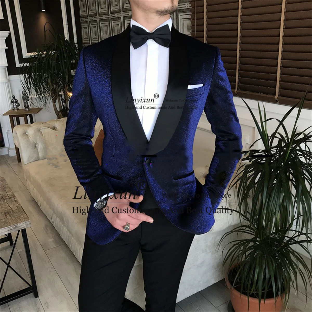 

Shiny Navy Blue Men Suits For Wedding 2 Piece Sets Groom Tuxedos Groomsmen Prom Blazers Slim Fit Terno Masculino Jacket Pants