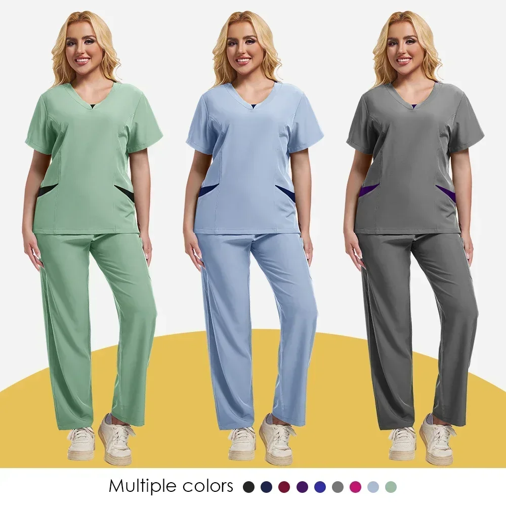 Color matching uniform Women's stretch V-neck top and pants scrub set medical clothing for women Doctor Beautician hospital