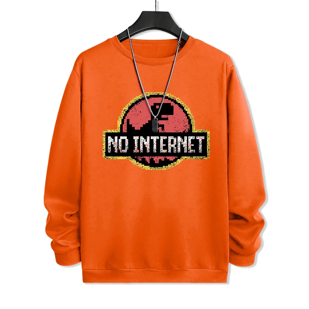 No Internet Cartoon Print Men Sweatshirt Vintage Fashion Round Neck Pullover Street Casual Clothes Simple Warm Fleece Tracksuit