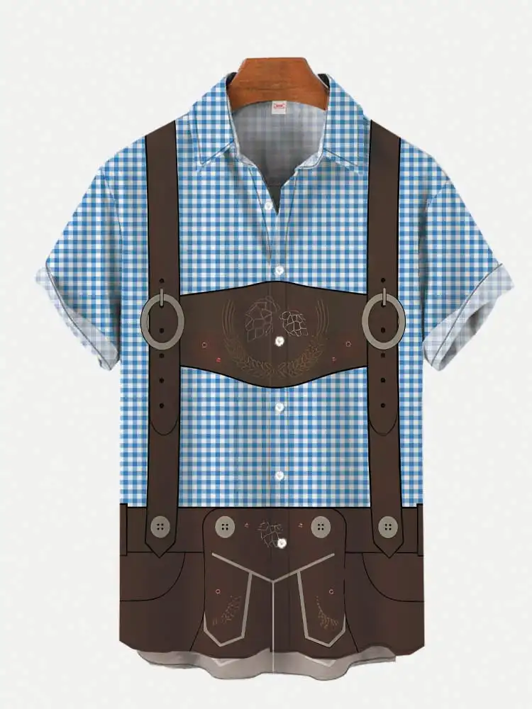 Full Print Classic Blue Plaid And Overalls Costume Oktoberfest Beach Shirts For Men New In Short Sleeve Hawaiian Shirt Blouses