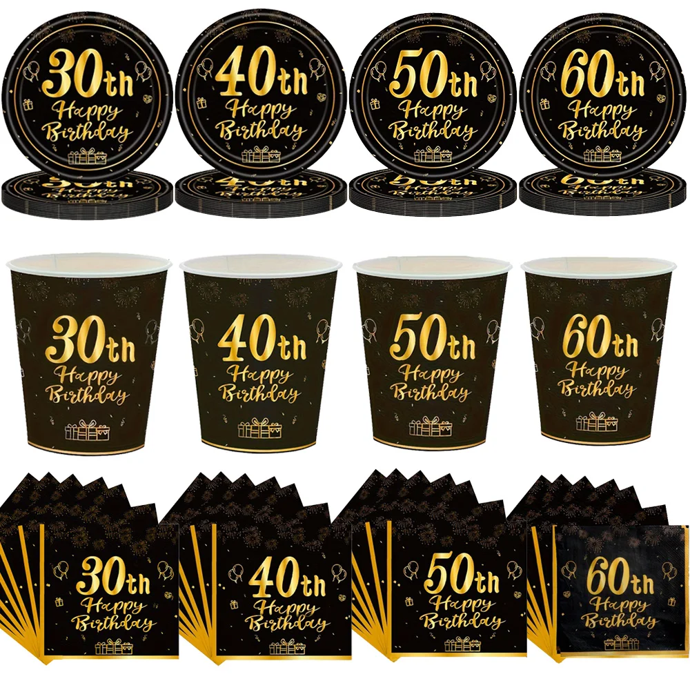 30/40/50/60th Birthday Party Paper Plates Napkins Cups Black and Gold 30th 40th 50th 60th Birthday Party Decors for Men Women ﻿