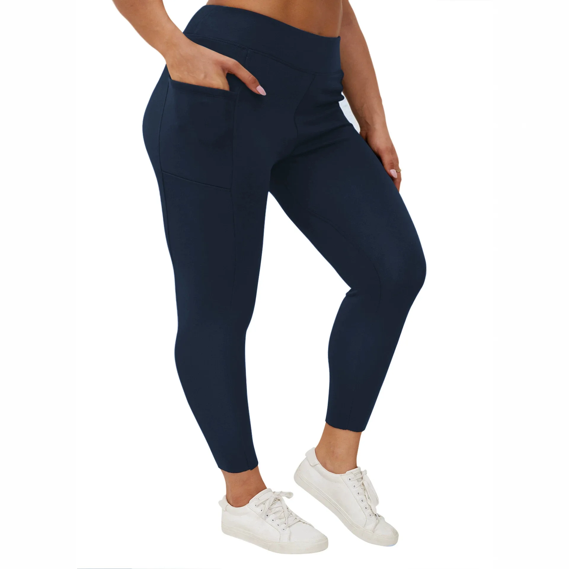 Women Plus Size Fleece Lined Leggings with Side Pockets Warm Thick Thermal Tights Slim Fit Winter Outer Wear Base Pants
