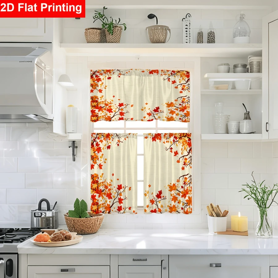 3PCS Autumn Leaves Pattern Kitchen Curtain Set, Vibrant Fall Foliage Window Treatment for Kitchen Bathroom Cafe Home Decoration