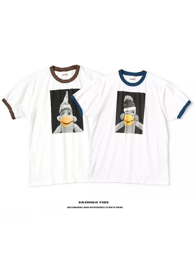 

Футболка Kapital 24ss в японском стиле, свободного кроя, из чистого хлопка, плотная, с круглым вырезом, с принтом обезьянки, с коротким рукавом